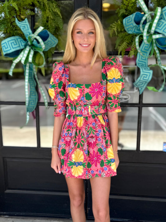 Salma Floral Belted Puff Sleeve Mini