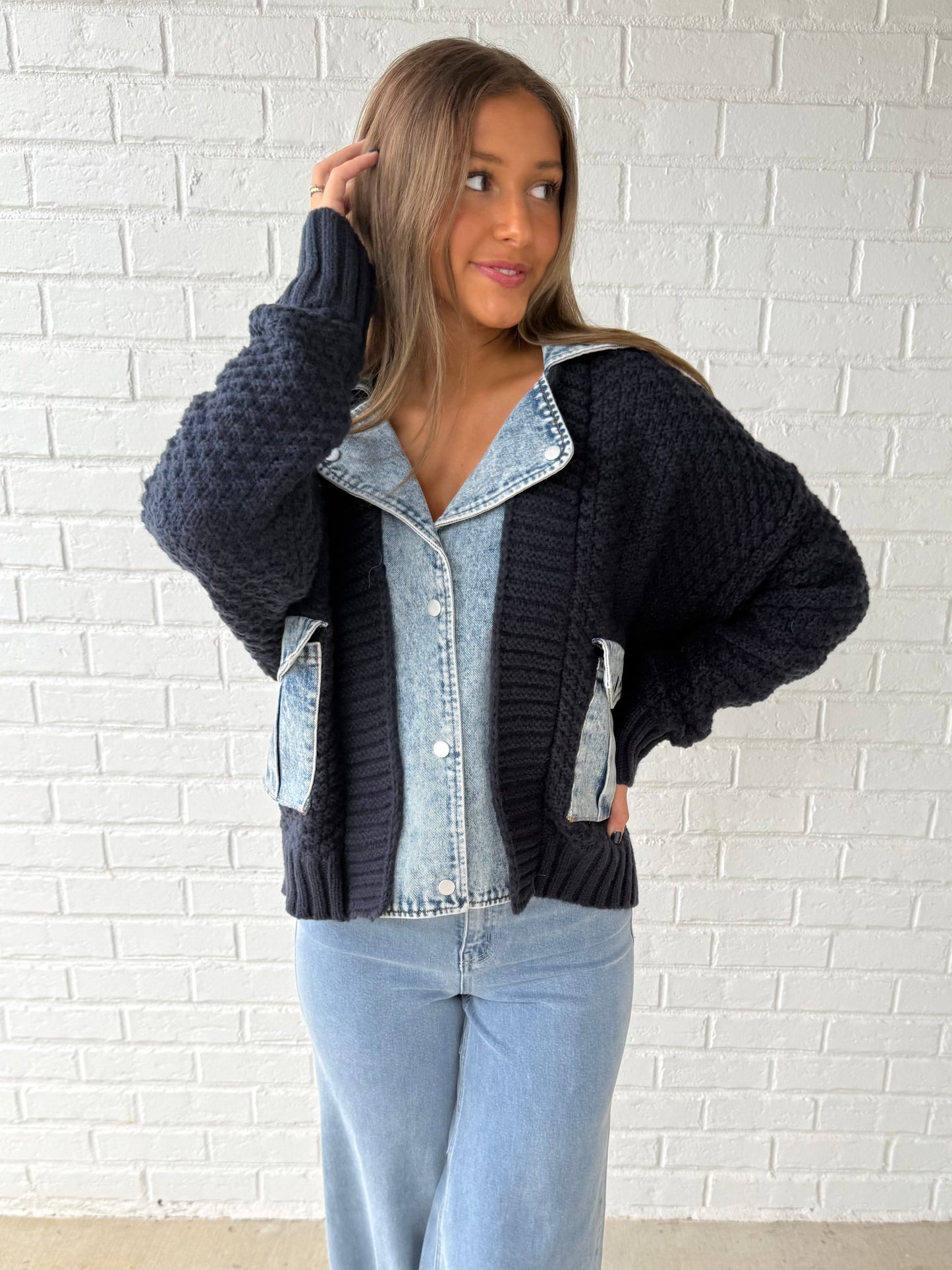 Navy Denim Contrast Sweater Jacket