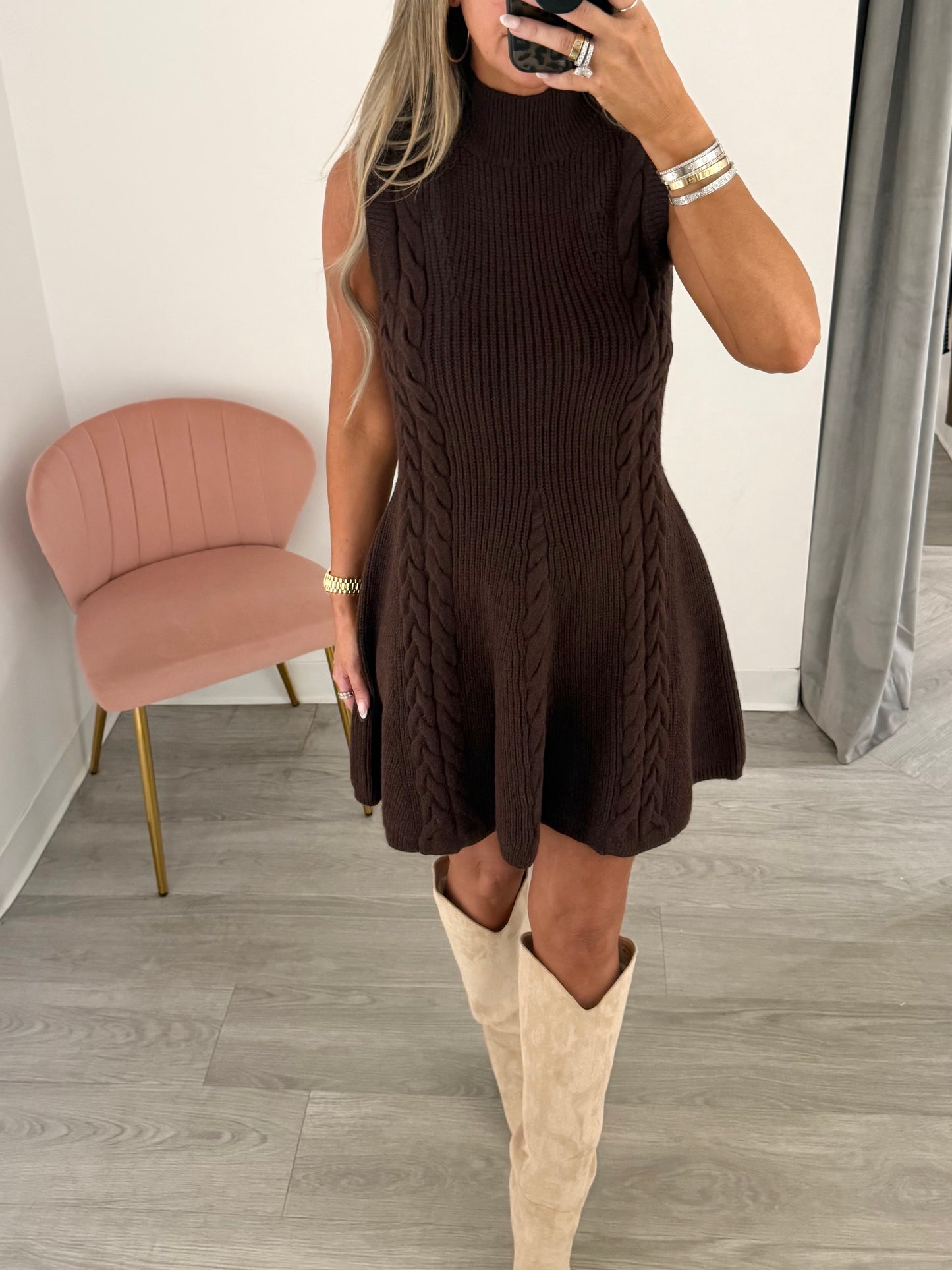 Brown Cable Knitted Flare Mini Dress