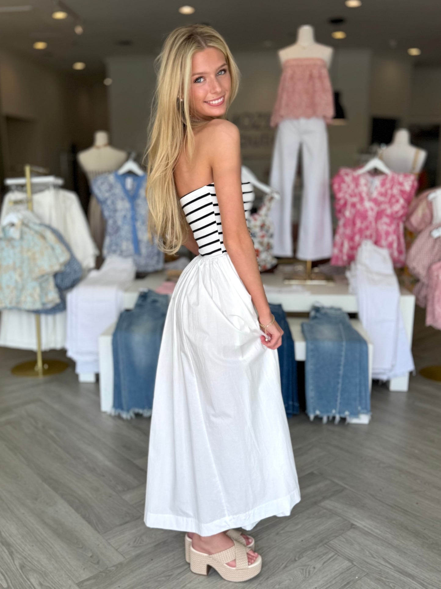 White Mixed Media Strapless Maxi