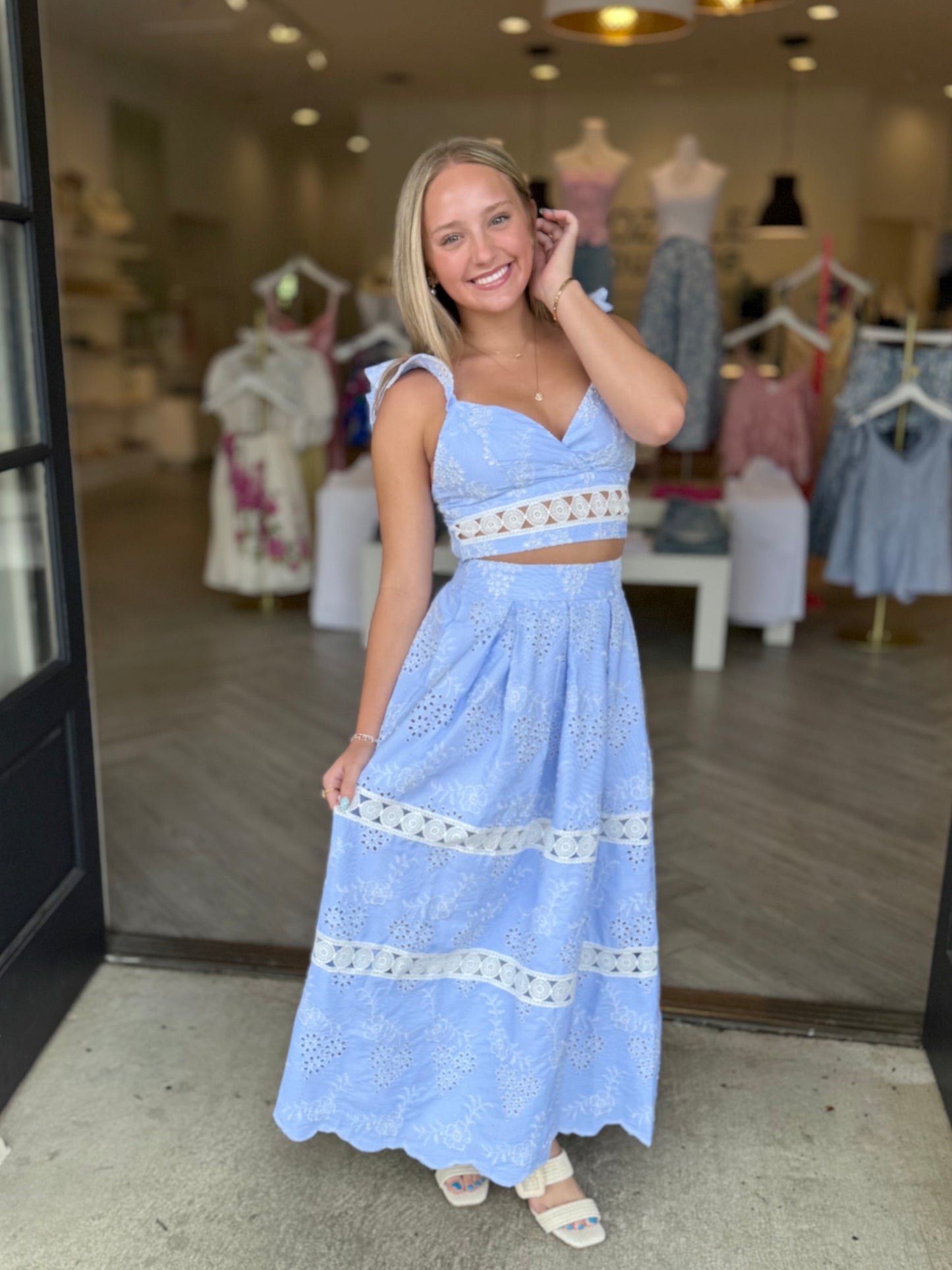 Blue Eyelet Ruffle Crop Top