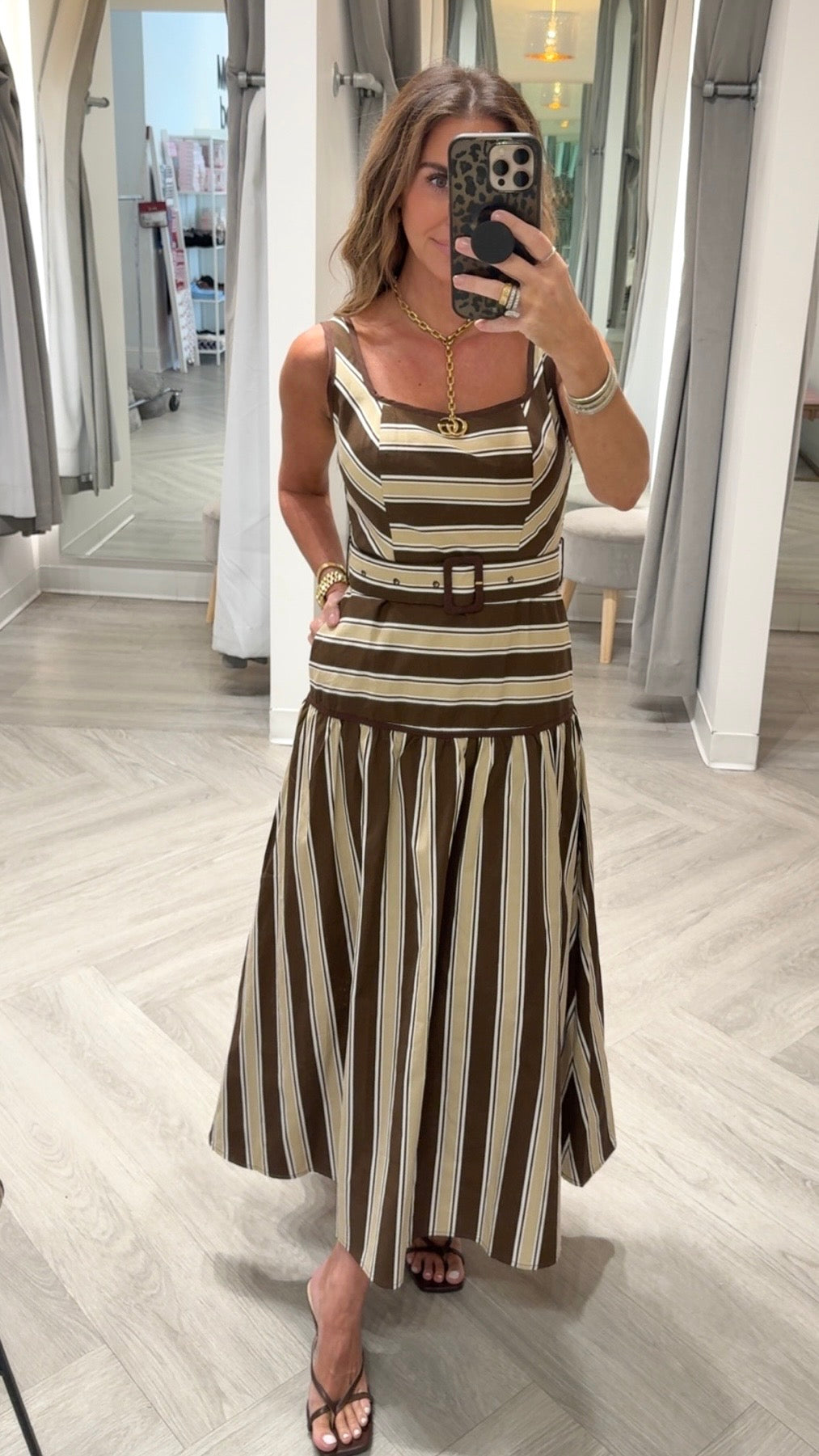 Mocha Stripe Belted Midi