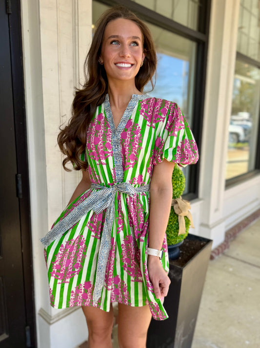 Green Tie Waist Puff Mini