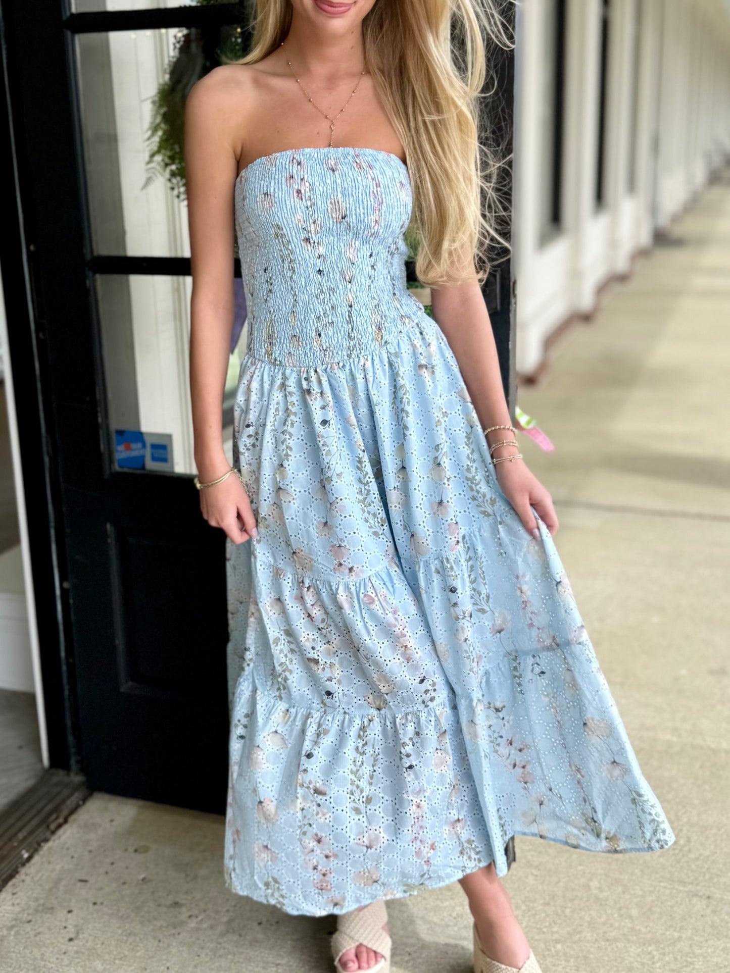 Blue Floral Strapless Midi