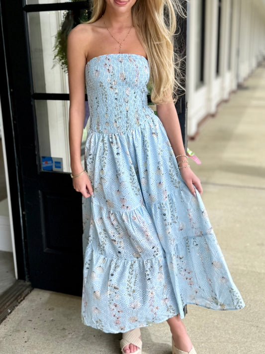Blue Floral Strapless Midi