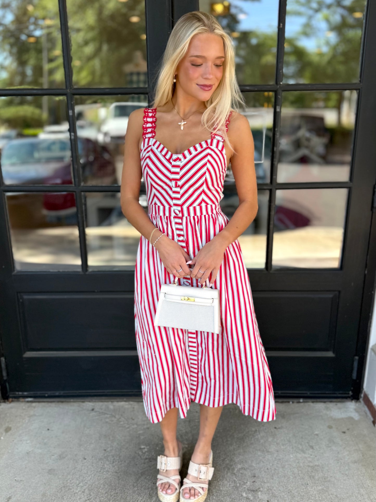Red Scallop Striped Dress