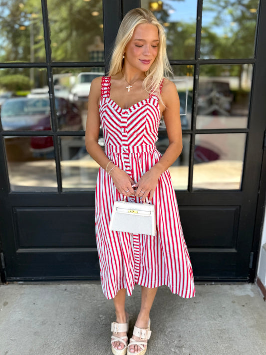 Red Scallop Striped Dress