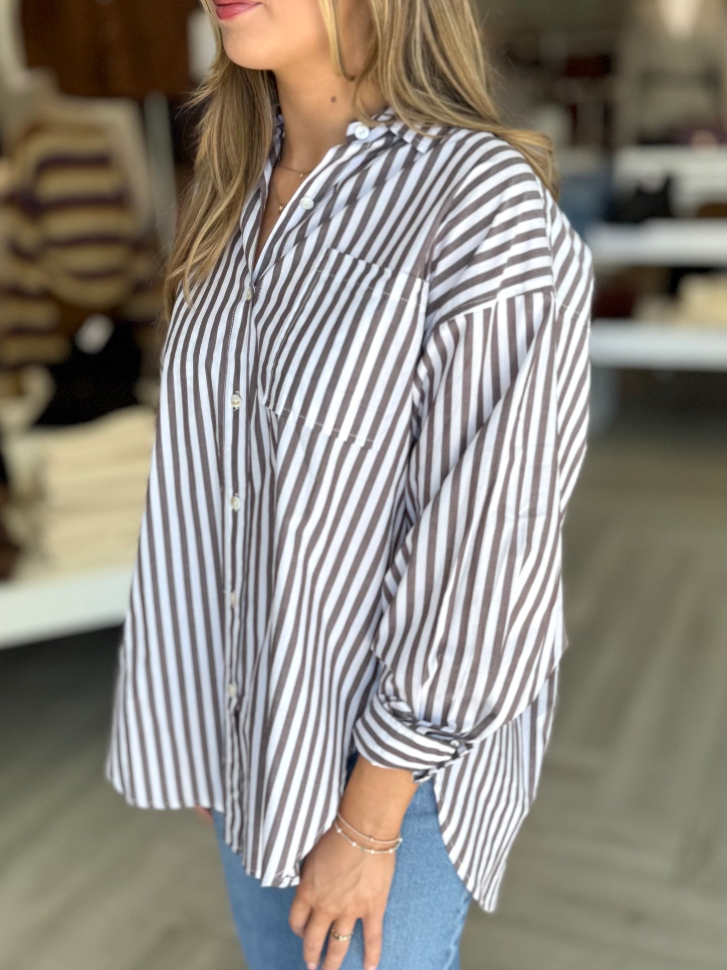 Brown Stripe Button Down Top