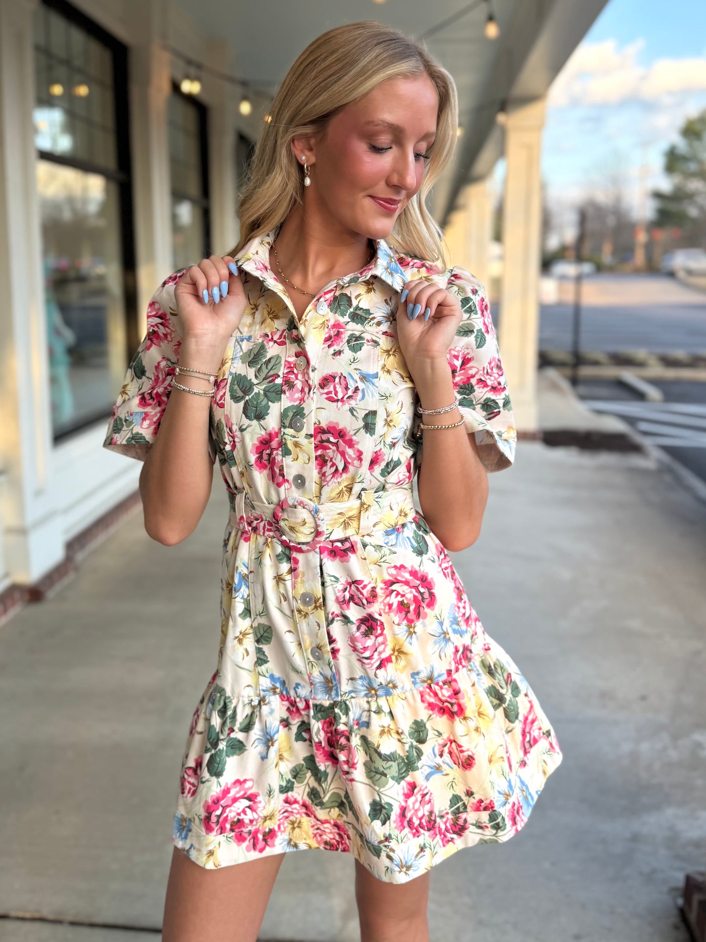 Cream Red Green Belted Bouquet Dress