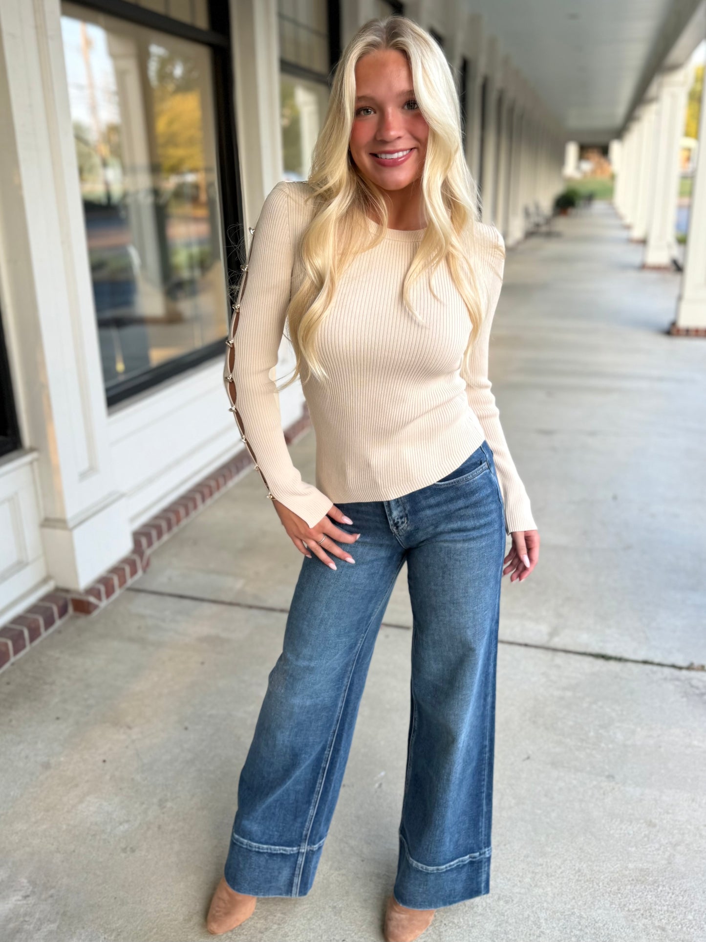 Metal Button Slit Sweater Top (2 colors)