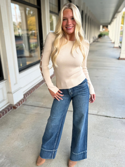 Metal Button Slit Sweater Top (2 colors)
