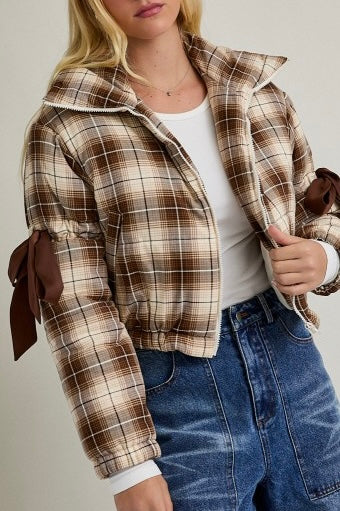 Brown/Ivory Plaid Puffer Jacket