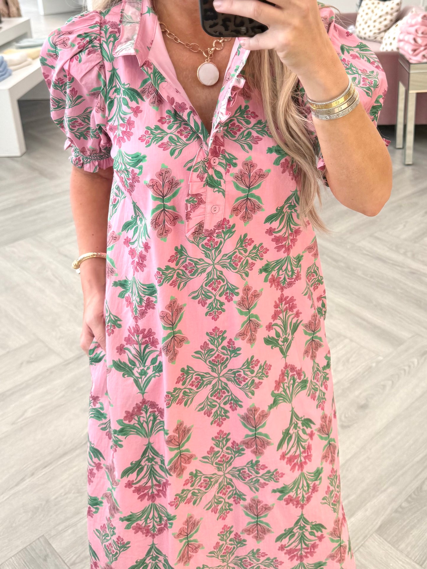Pink Floral Reflection Button Maxi