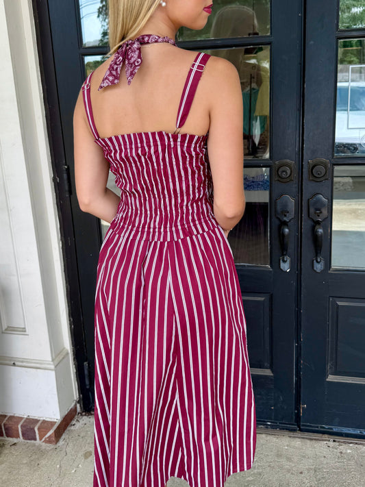 Maroon Smocked Stripe Midi