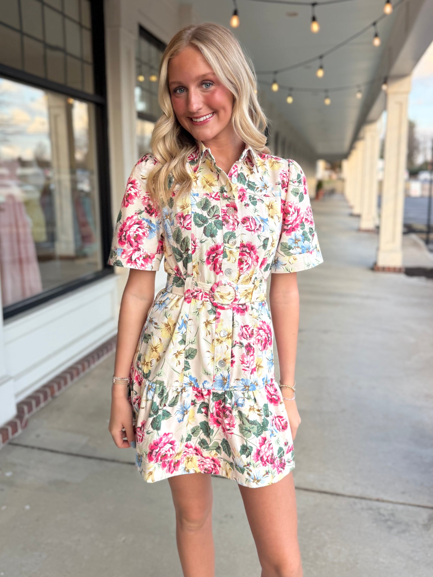 Cream Red Green Belted Bouquet Dress