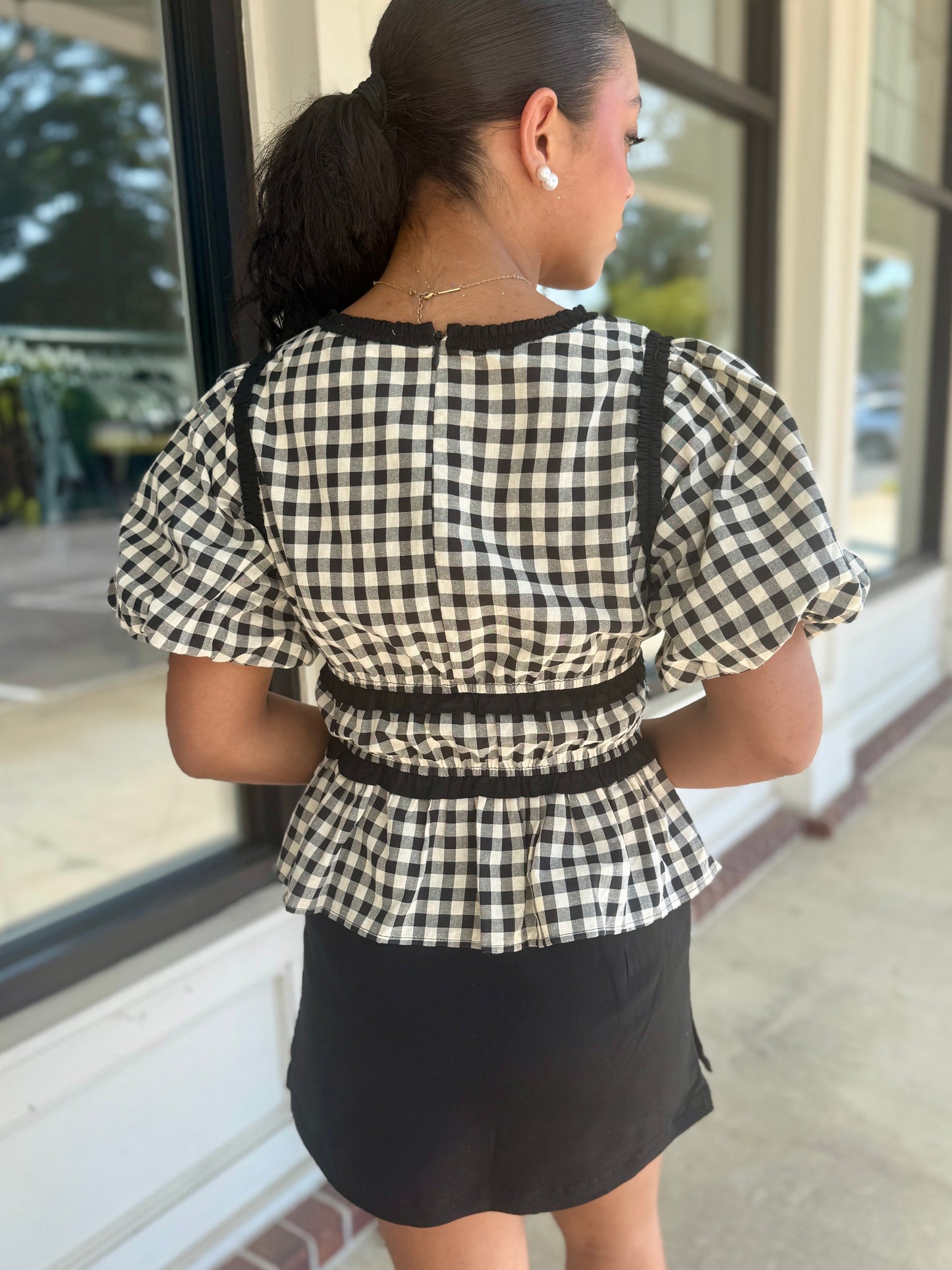 Black/Ivory Shirred Trim Top