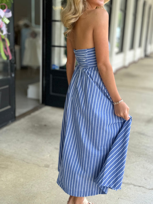 Dk Blue/White Stripe Strapless Midi