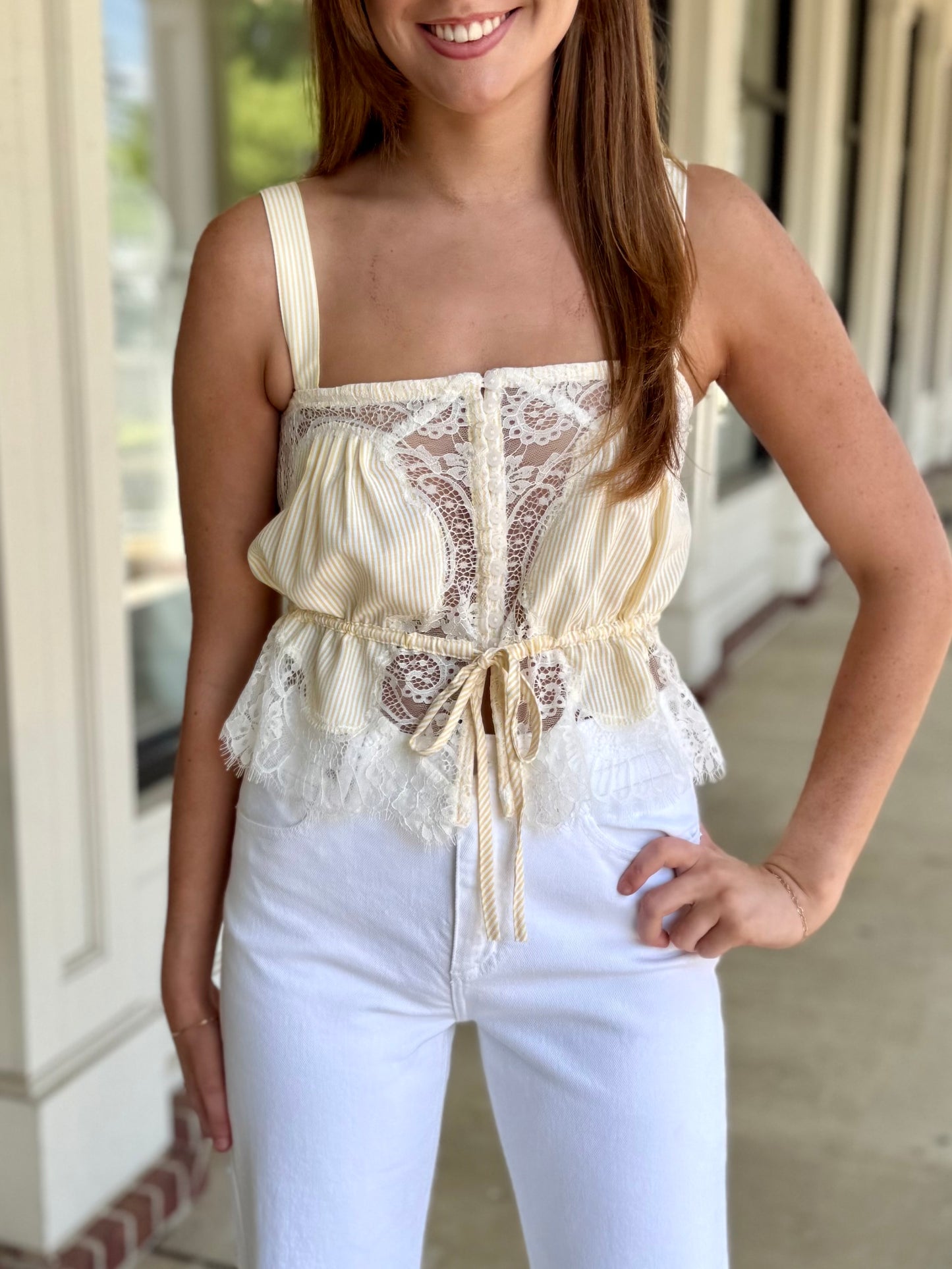 Yellow Stripe Lace Detail Cami