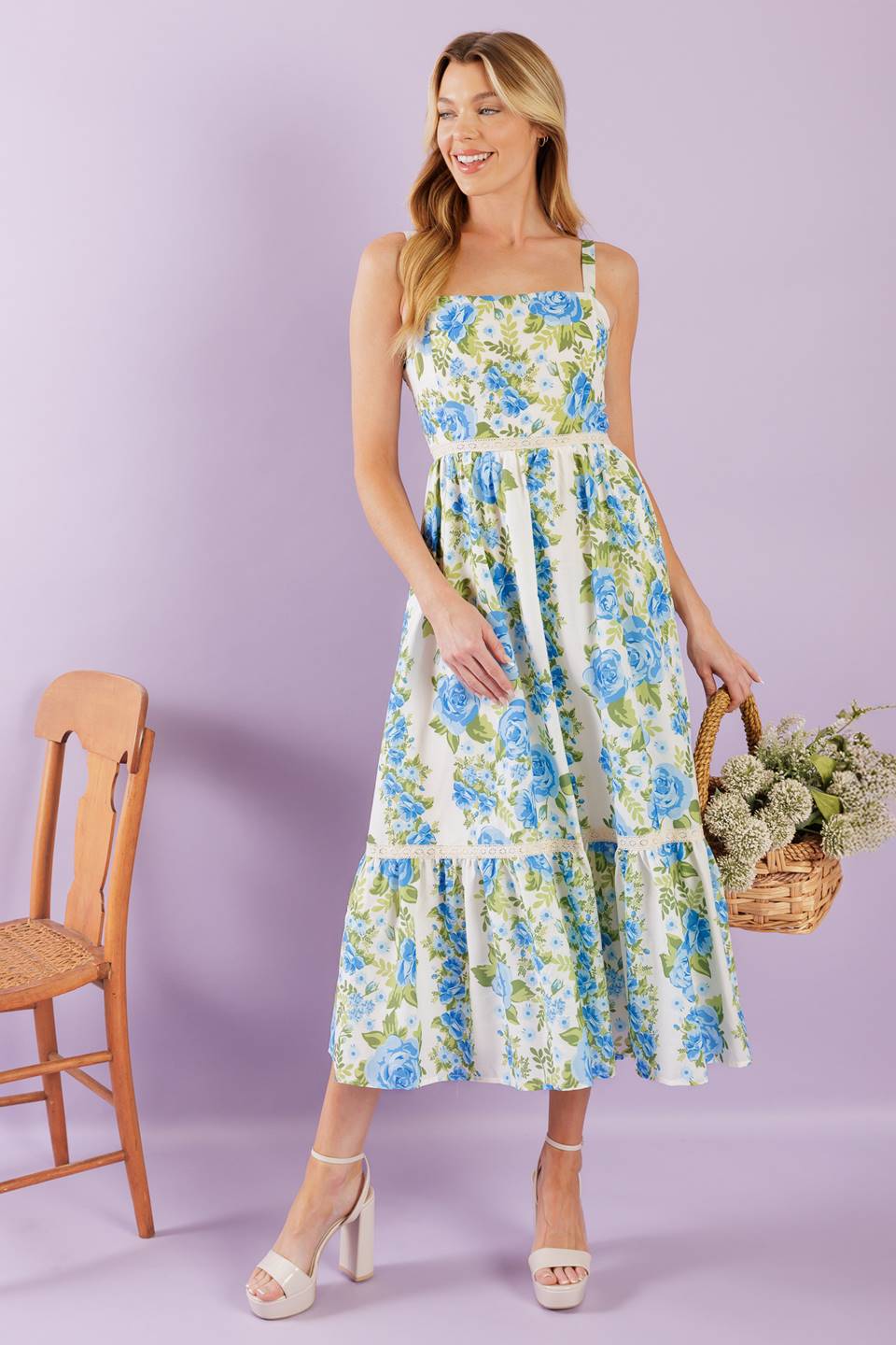 Blue Rose Lace Trim Midi