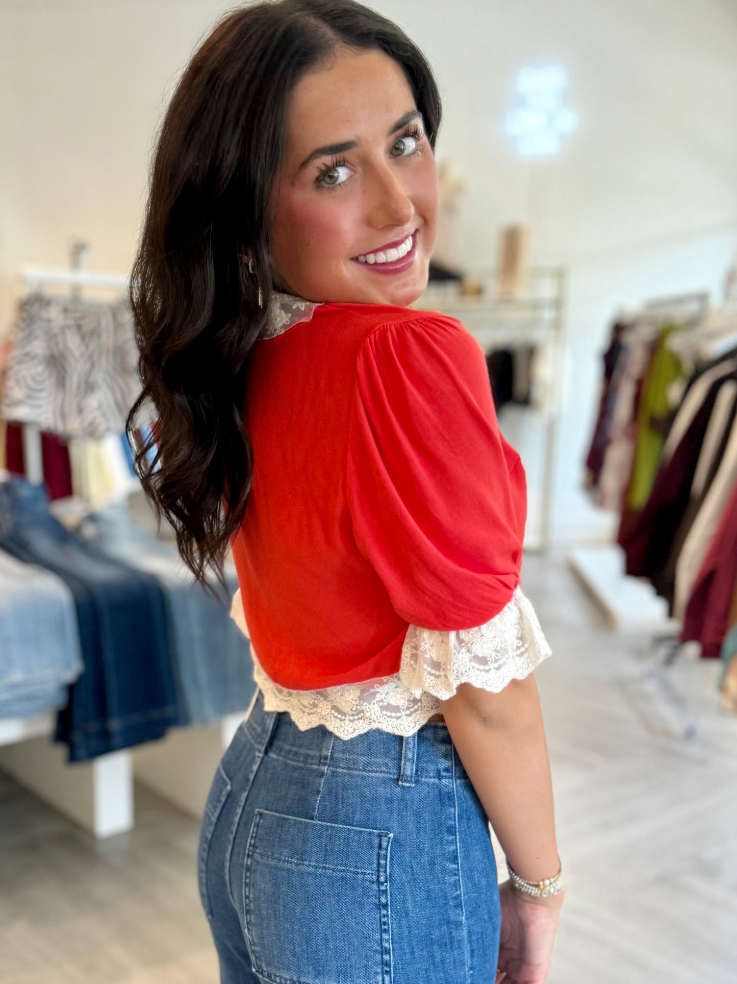 Red Pinking Lace Trim Top