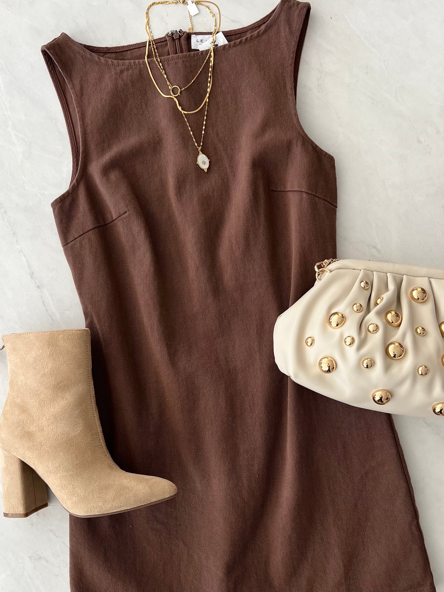 Brown Boatneck Sleeveless Mini