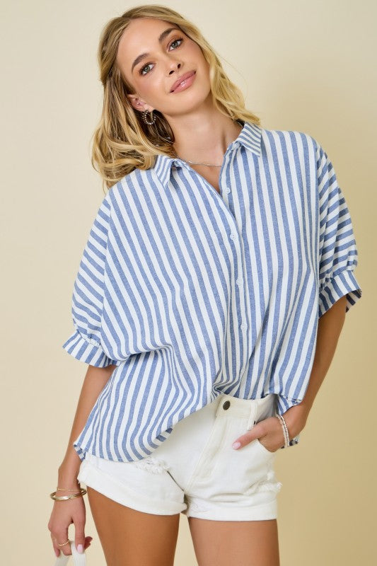 Lt Blue Stripe Button Top