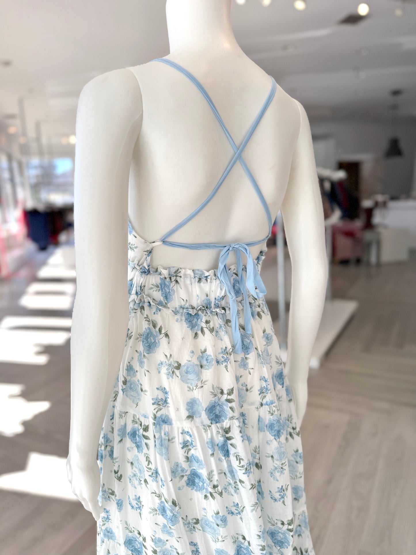 White/Blue Floral V-Neck Dress