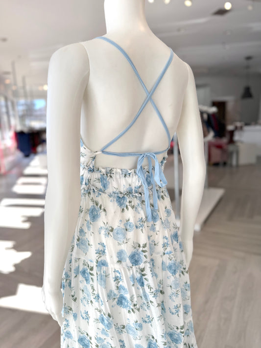 White/Blue Floral V-Neck Dress