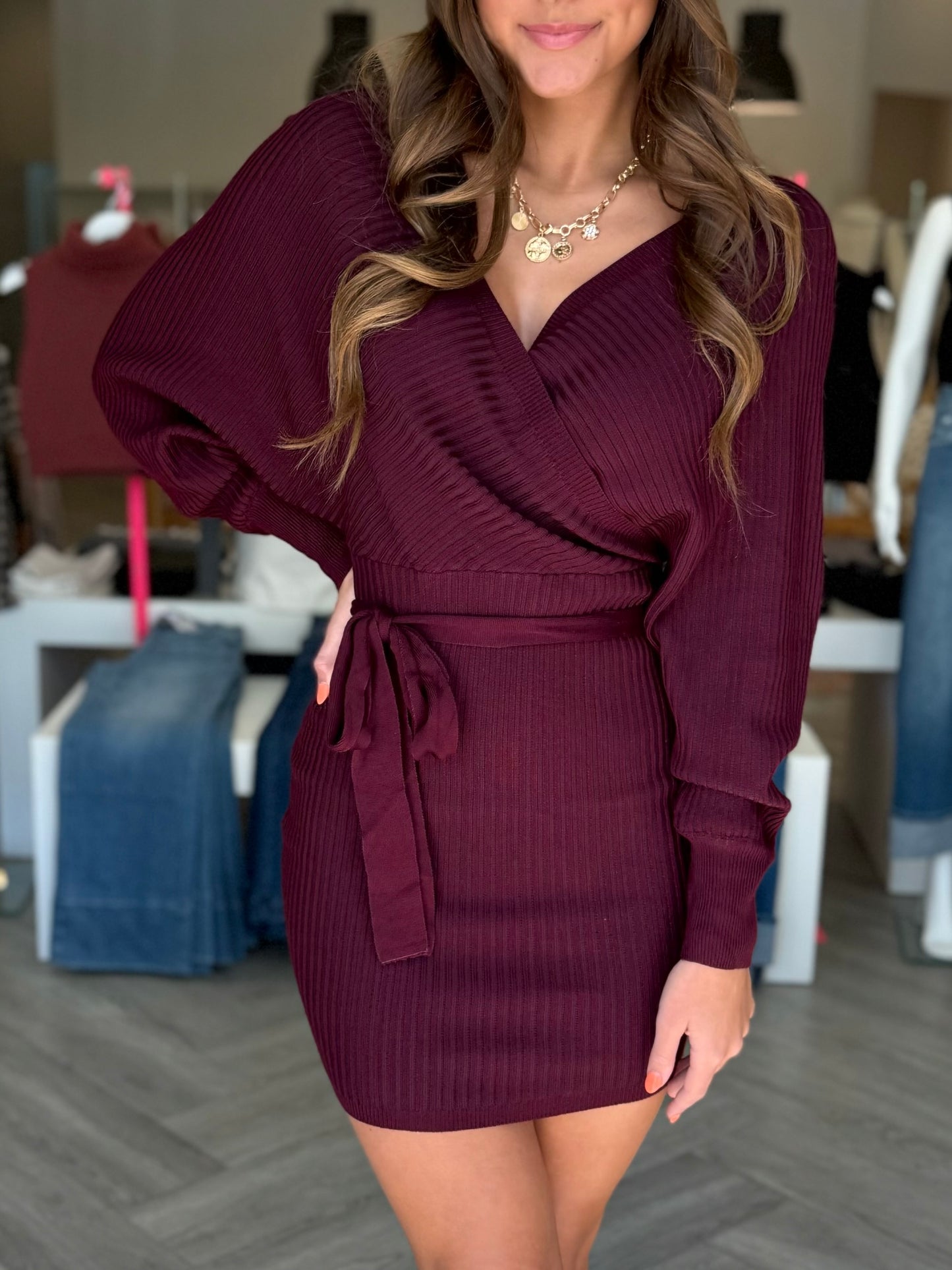 Wine Ribbed Sweater Dress