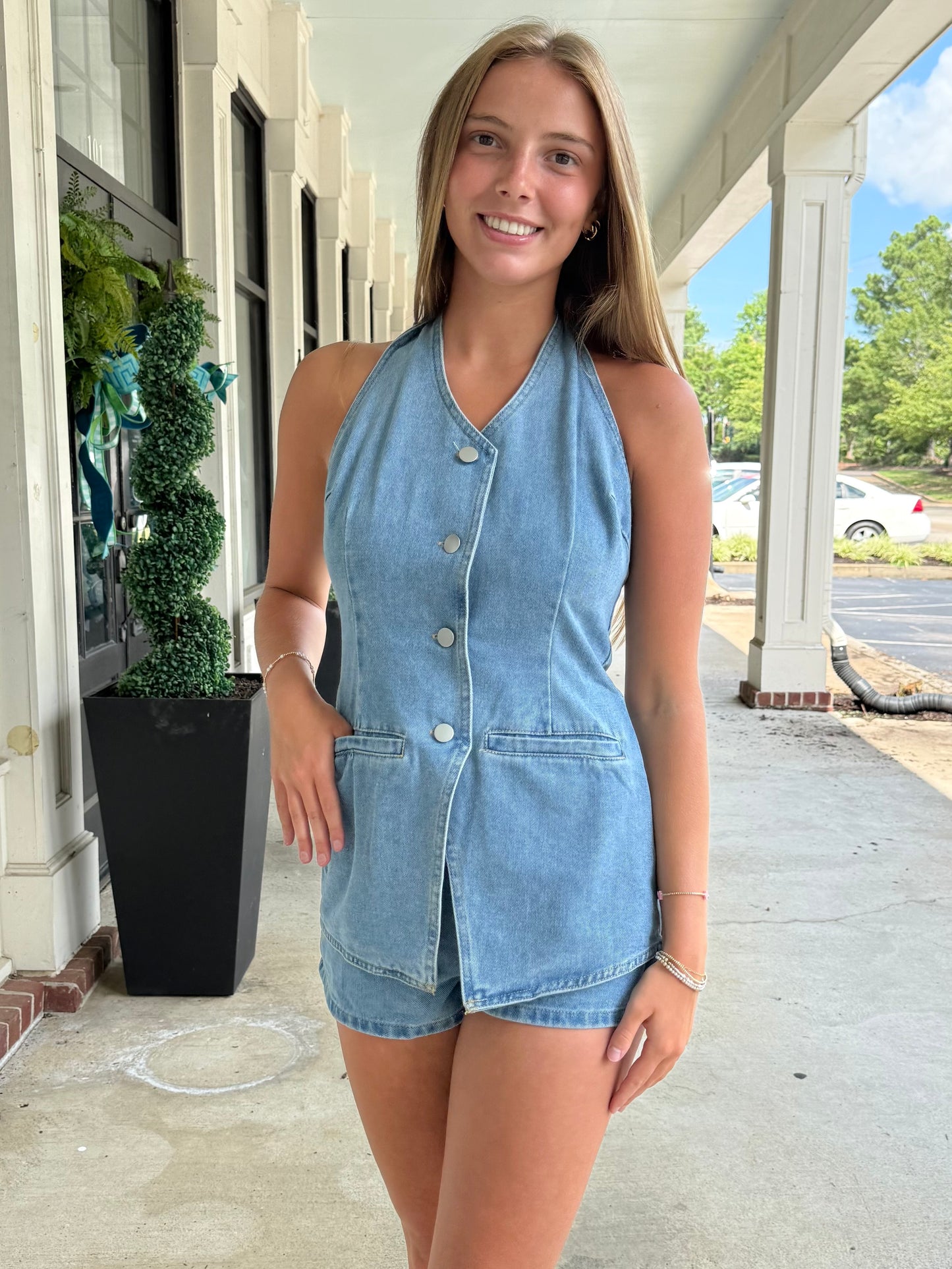 Denim Button Vest Romper