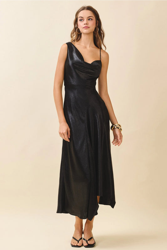 Black Metallic Cowl Slip Dress