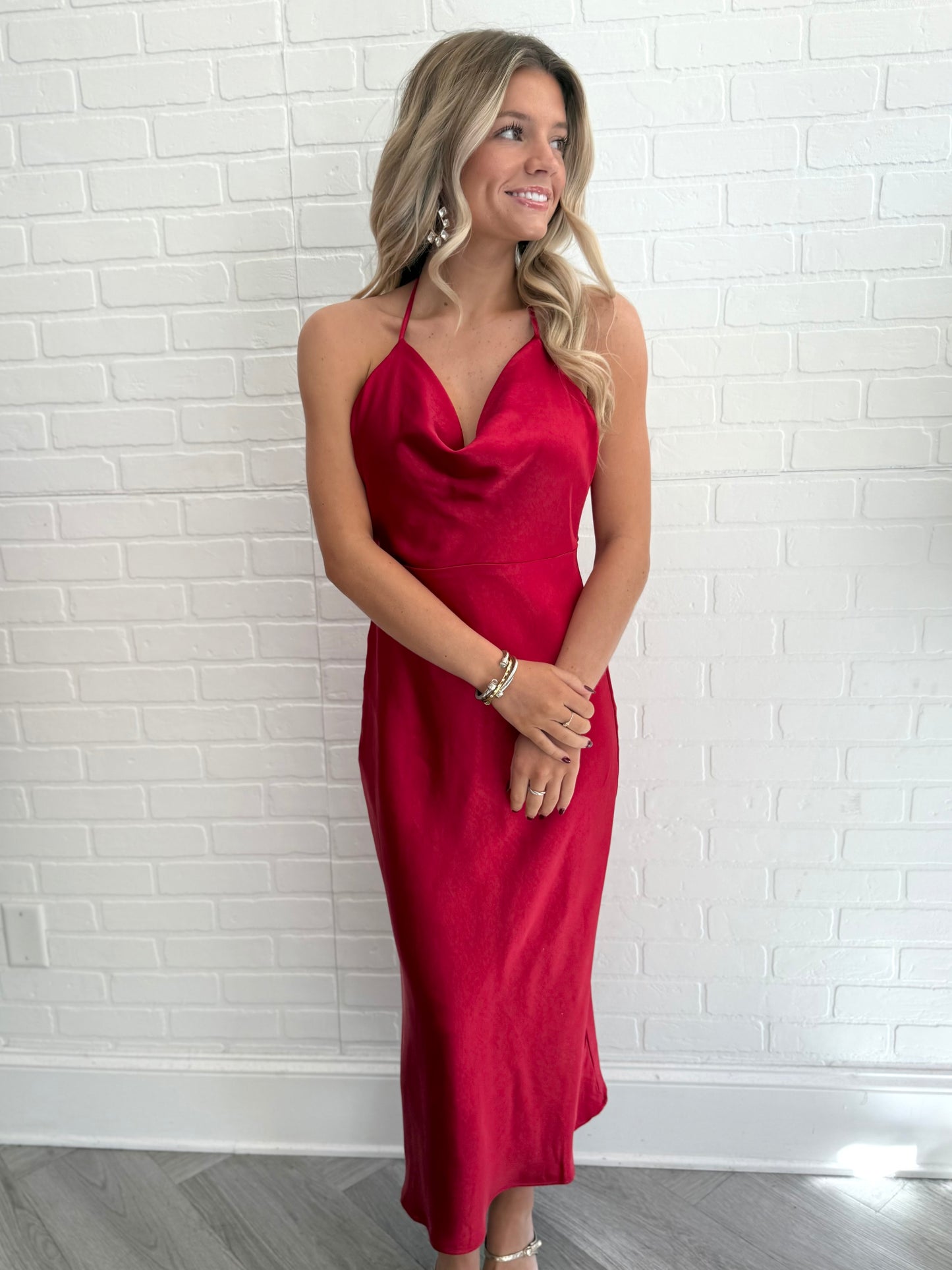 Red Cowl Neck Satin Midi