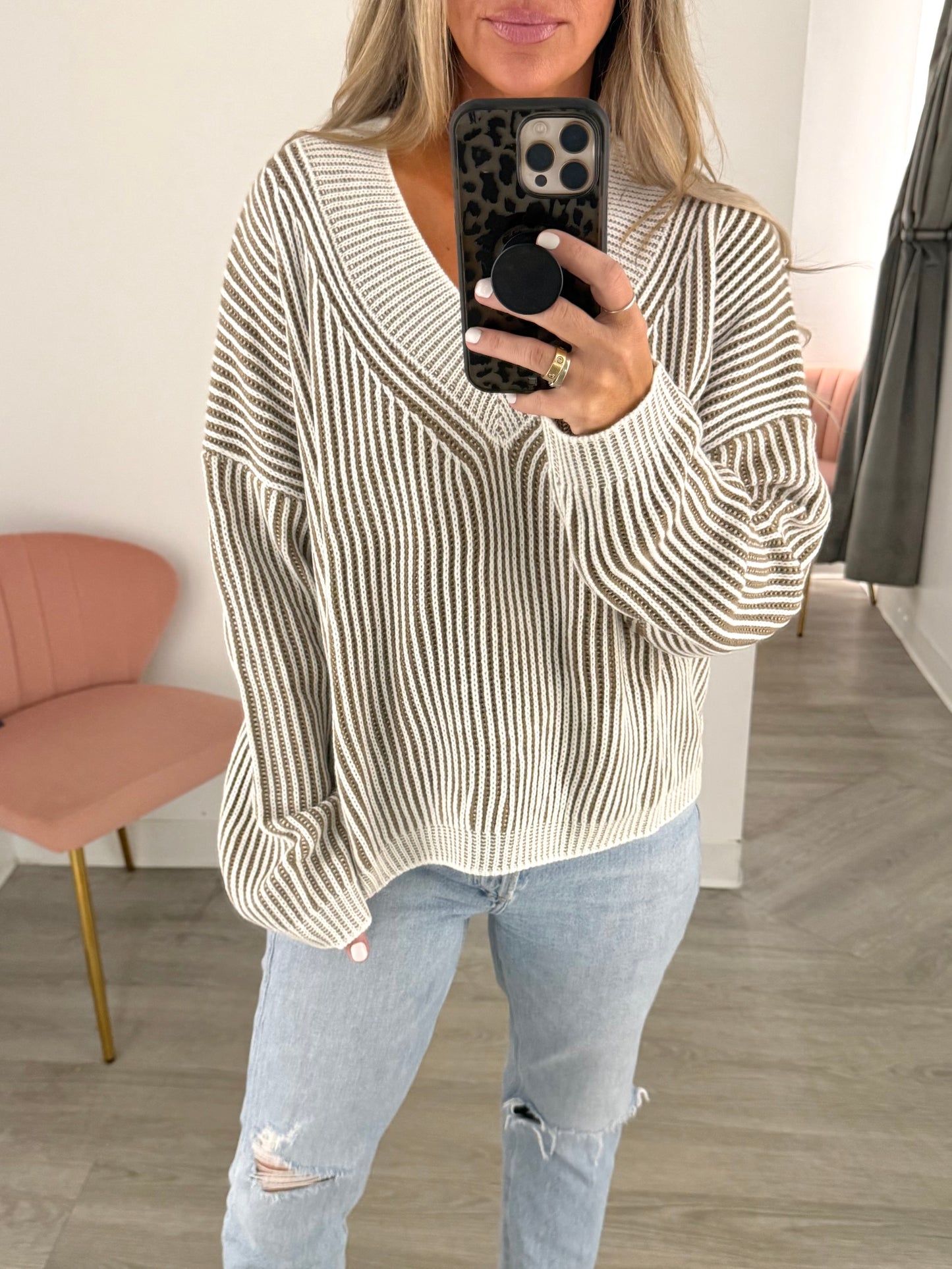 Taupe/White Border Neck Sweater