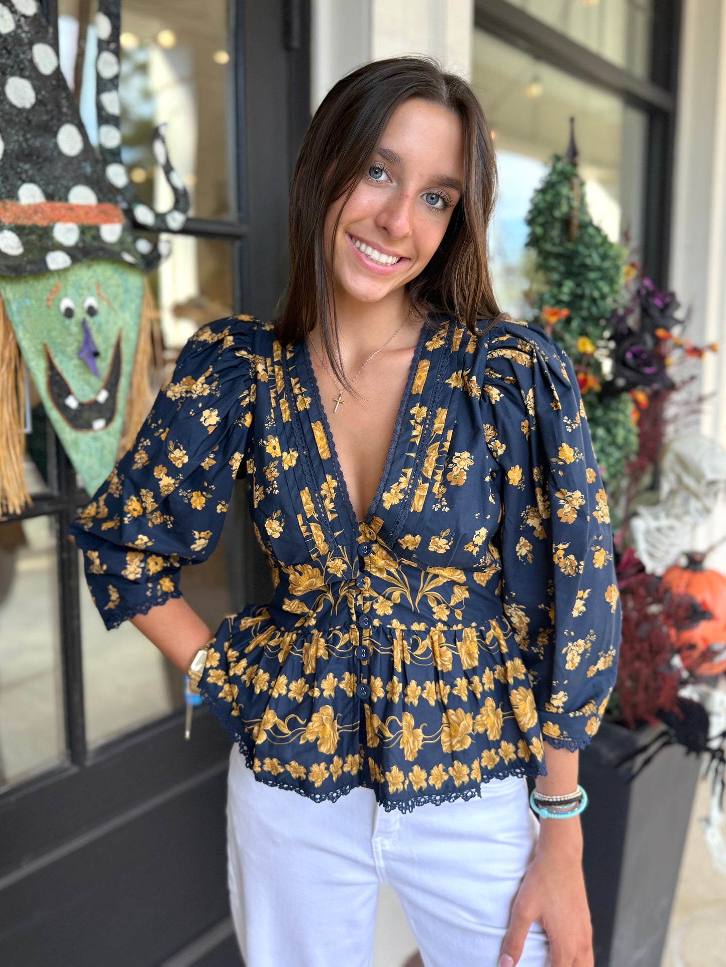 Navy Gold Lace Top