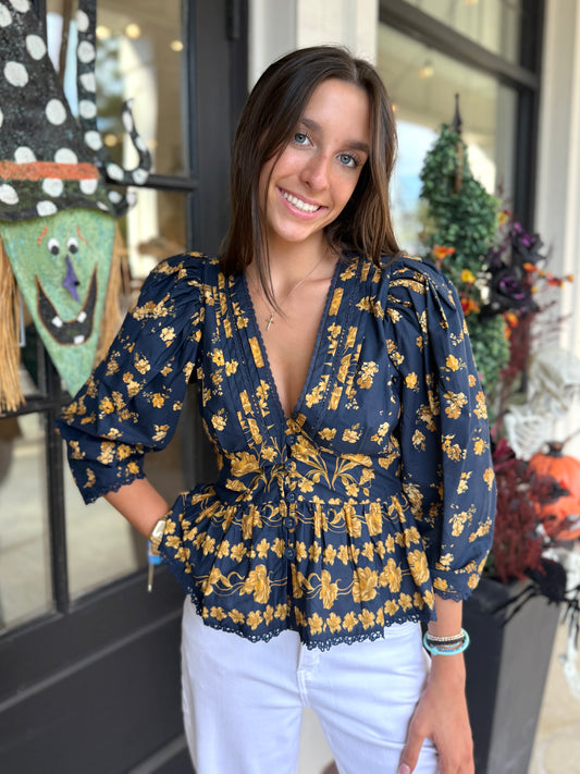 Navy Gold Lace Top