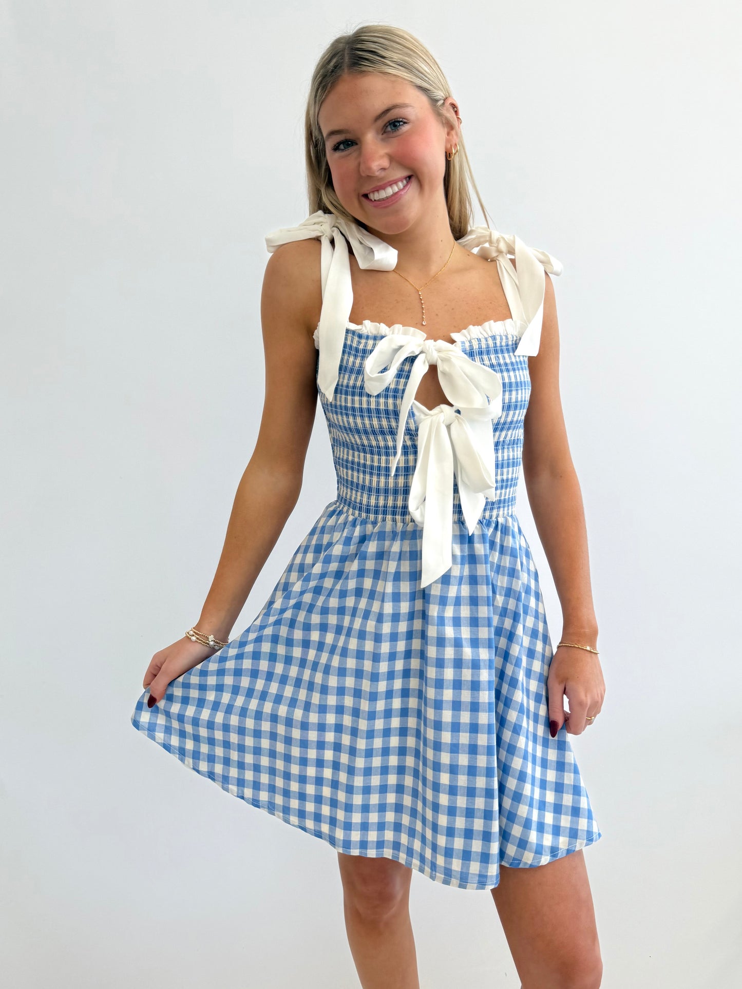 Blue Gingham Front Tie Dress