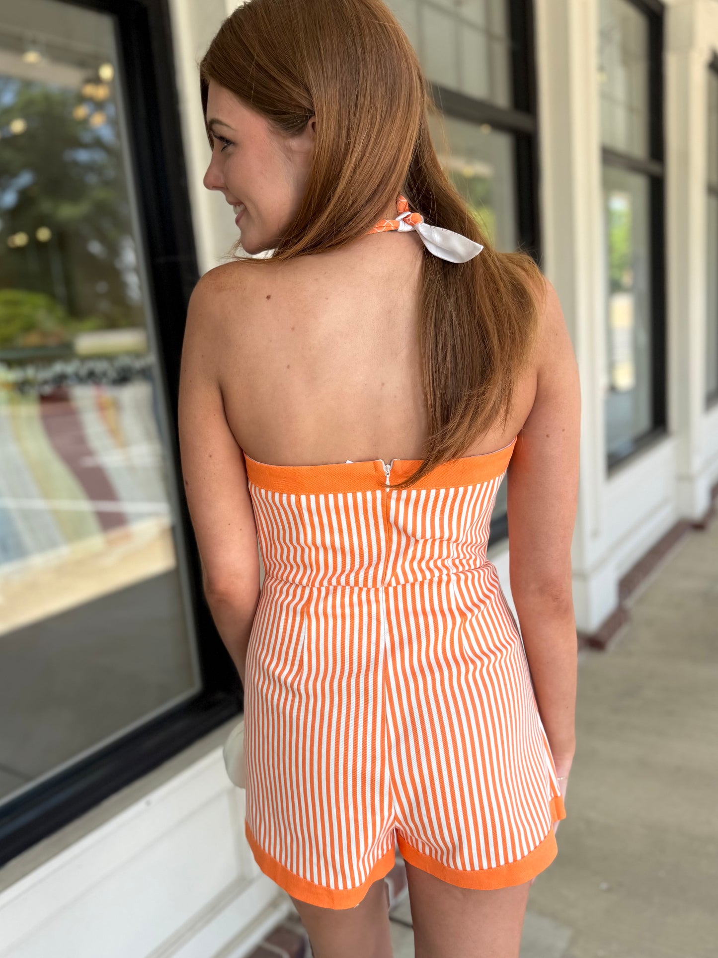 Denim Orange Stripe Romper
