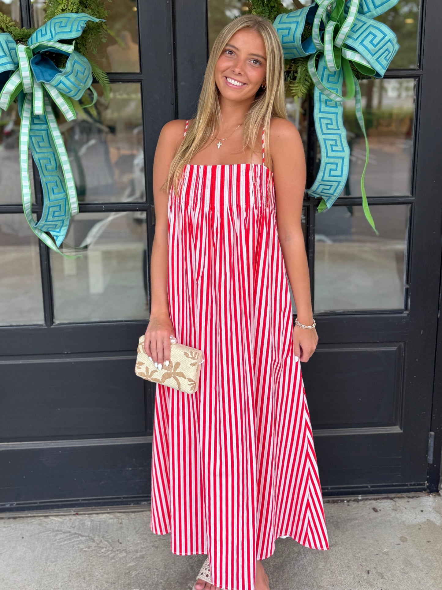 Red Pink Pleated Stripe Maxi