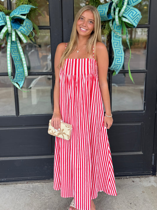 Red Pink Pleated Stripe Maxi