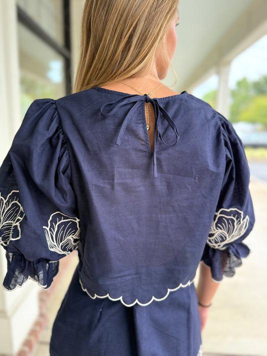Navy Embroidered Mini Skirt