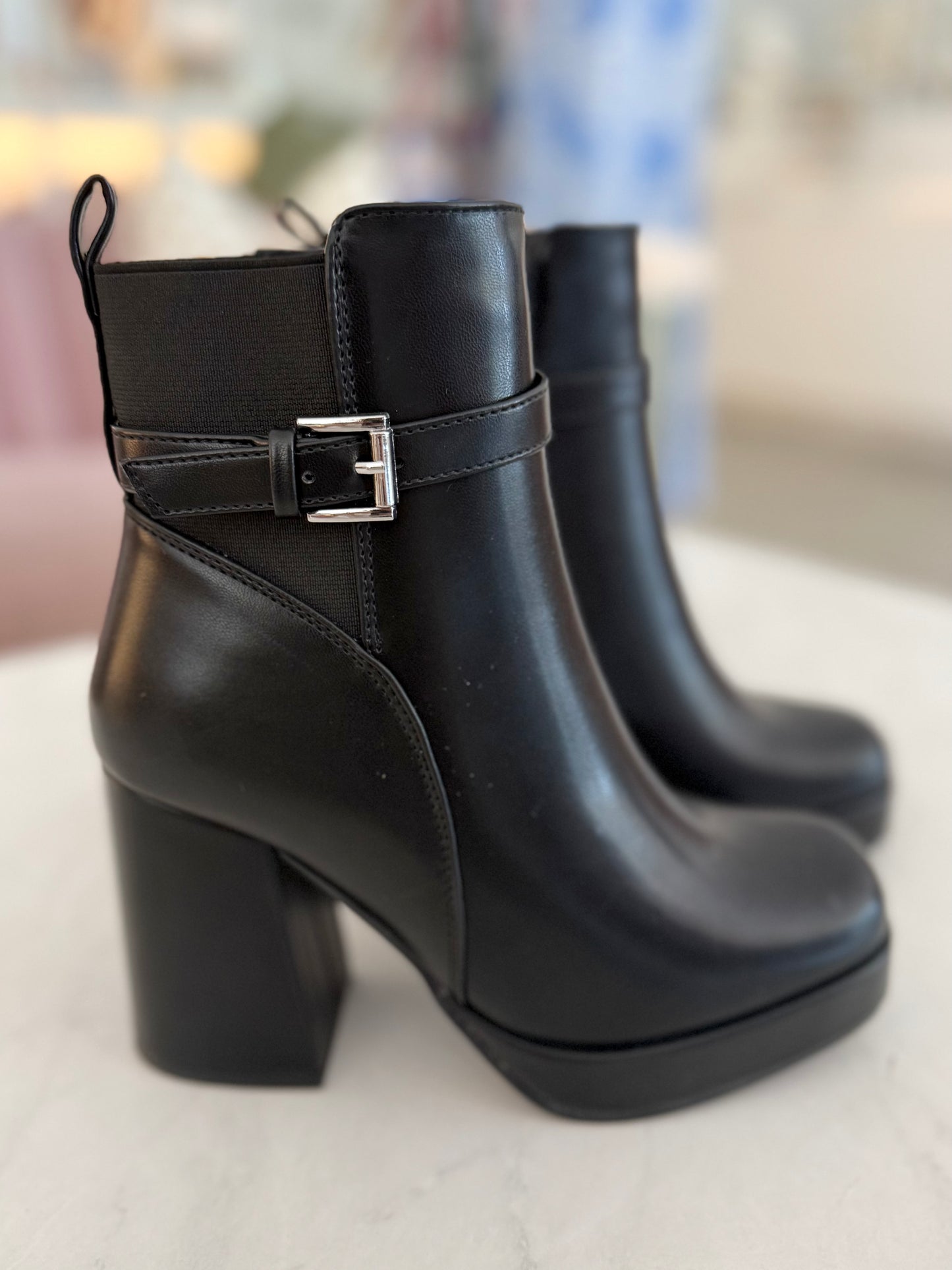 Leather Buckle Platform Bootie (2 colors)