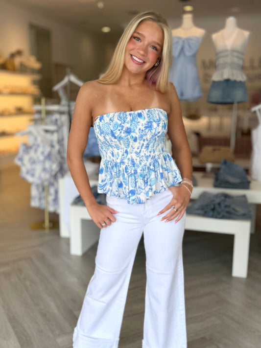 Blue Tropical Fruit Ruffle Tube Top