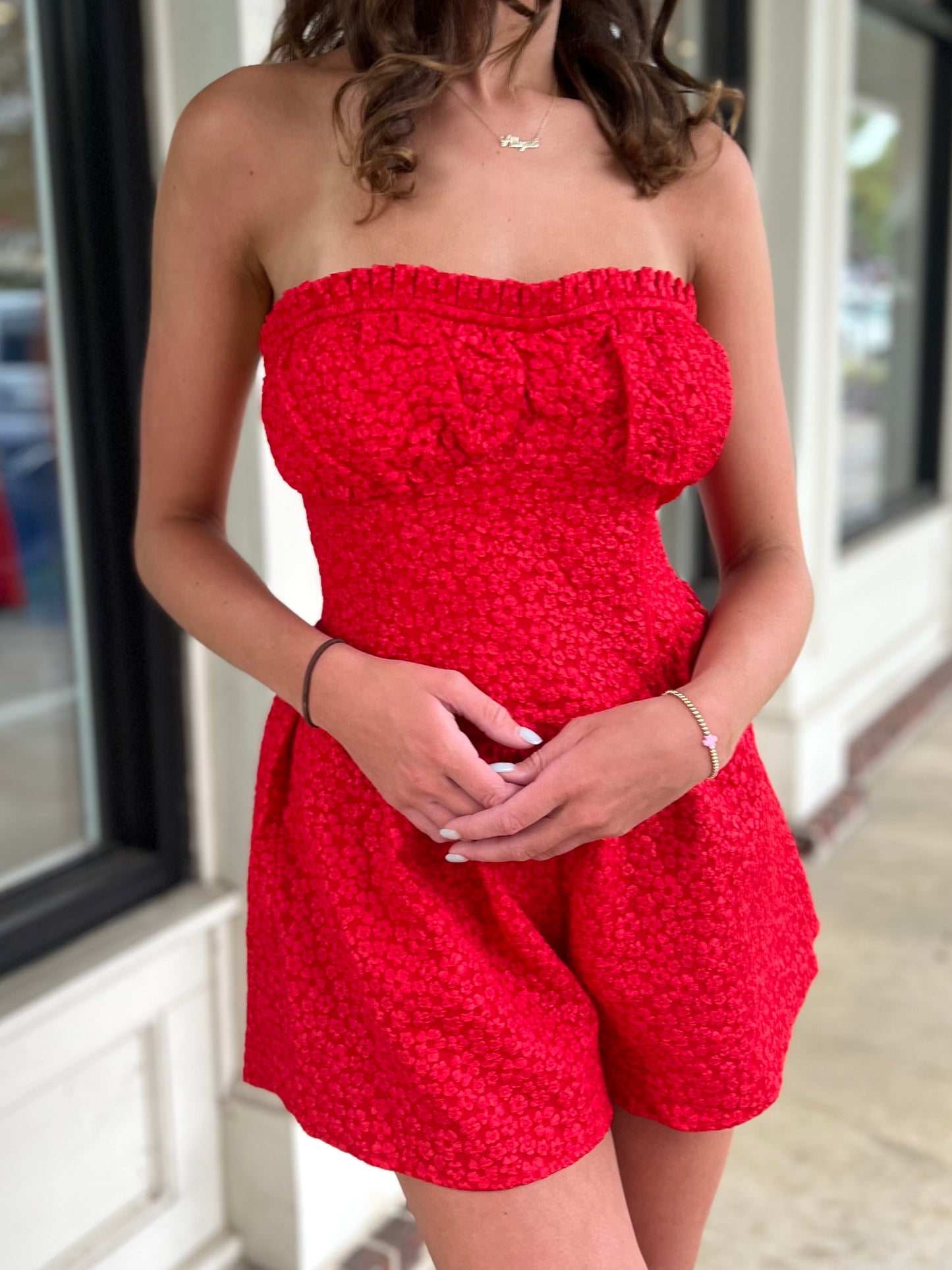 Red Floral Lace Sleeveless Romper