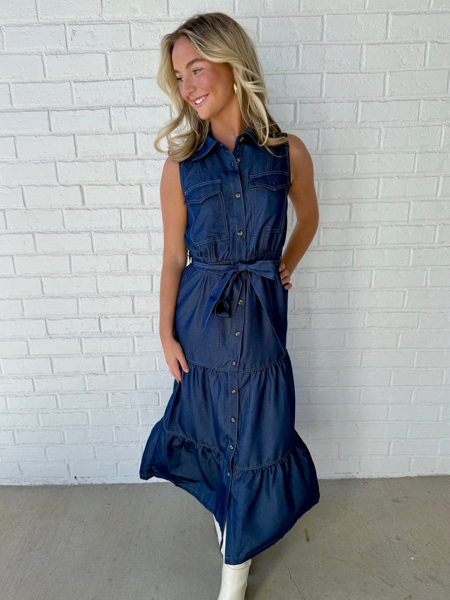 Denim Belted Ruffle Maxi