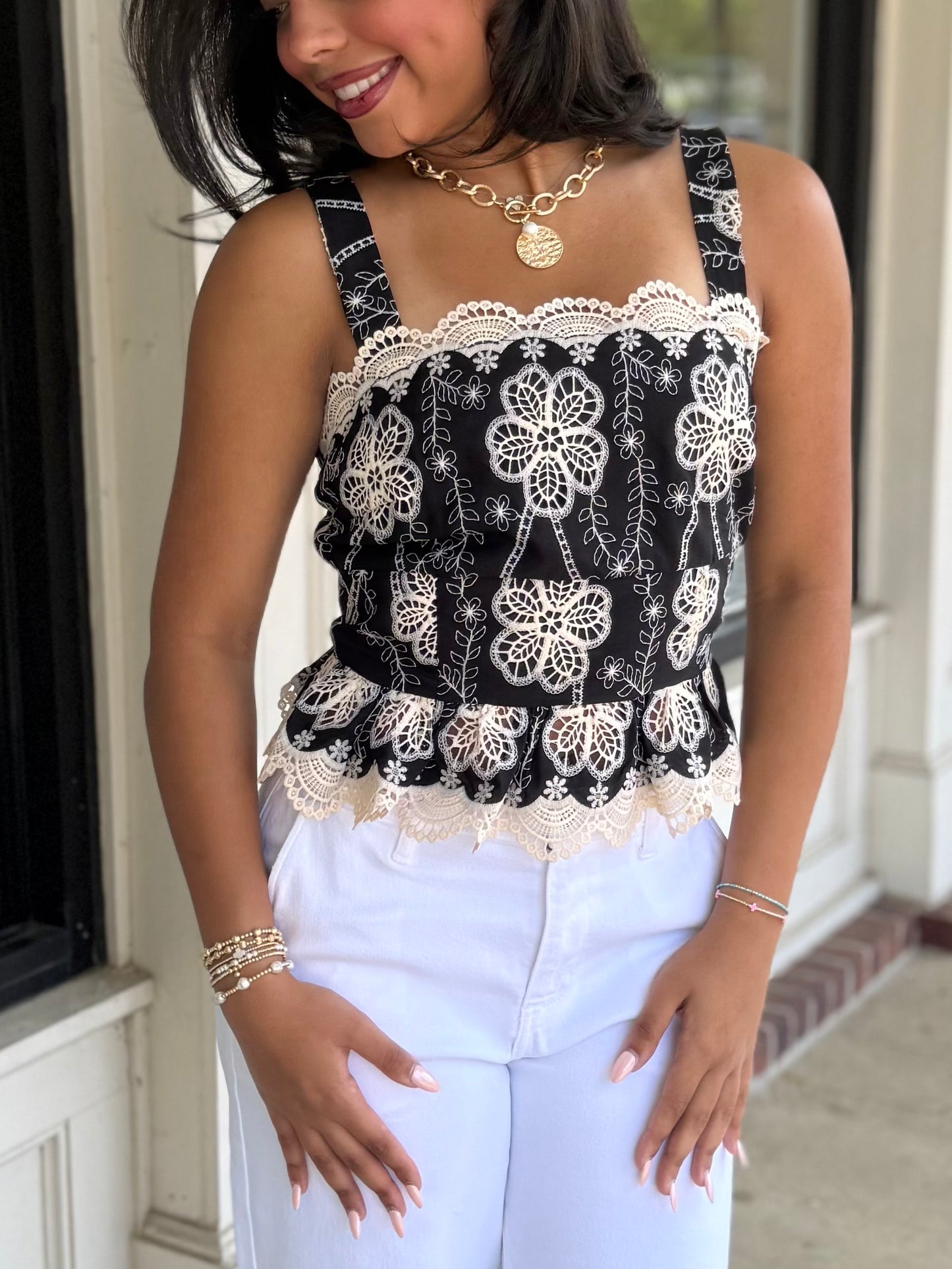 Black/Ivory Floral Lace Top