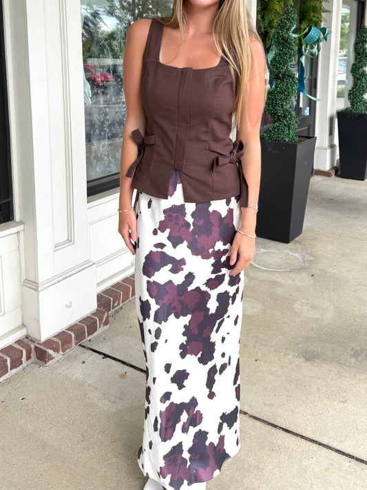 Burgundy Cow Print Maxi Skirt