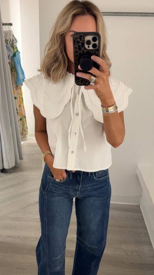 White Embroidered Collard Shirt