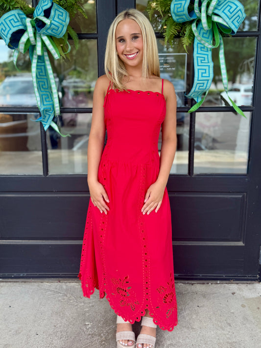Red Scallop Eyelet Midi