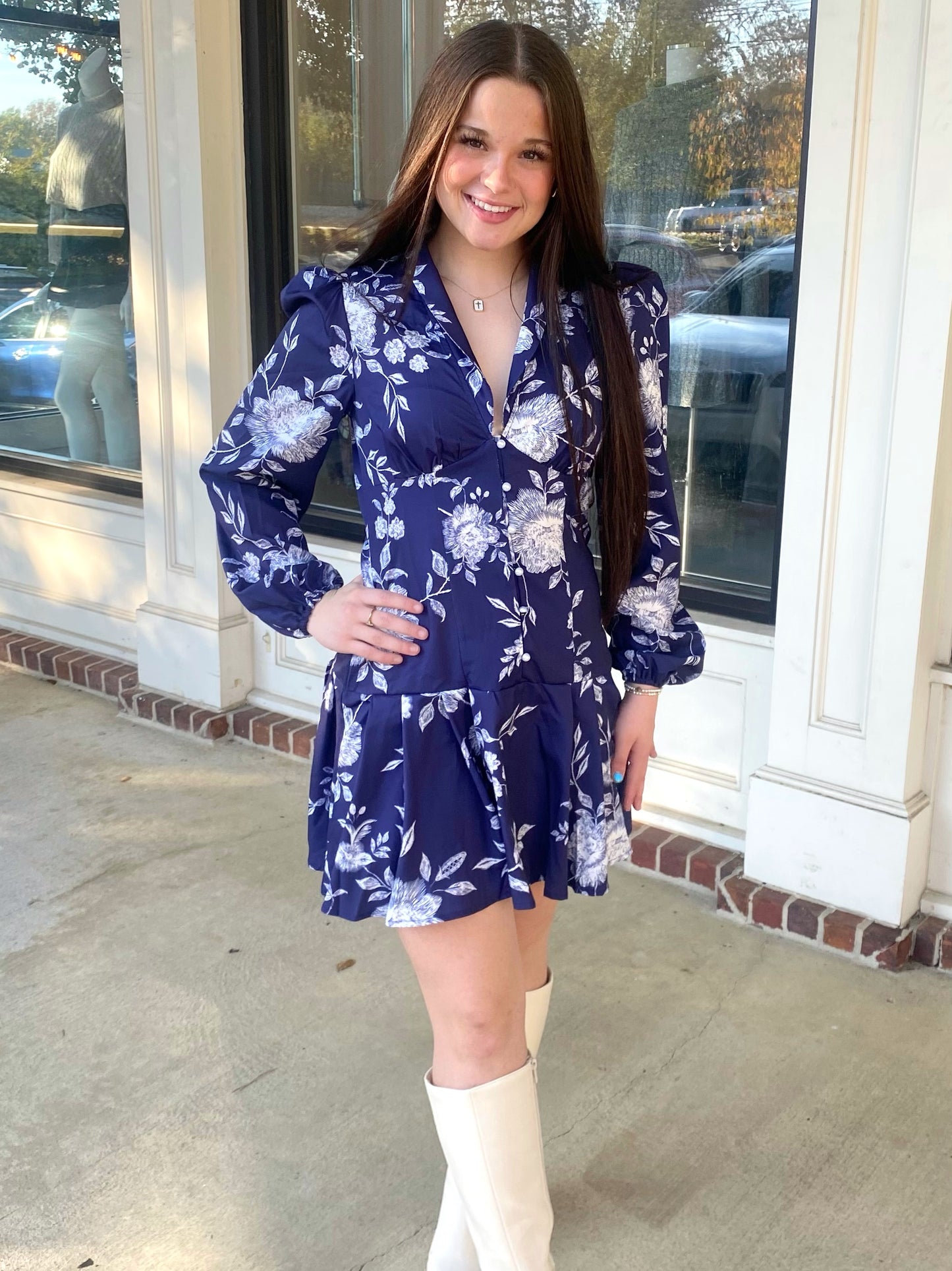 Navy Floral Ruffle Dress