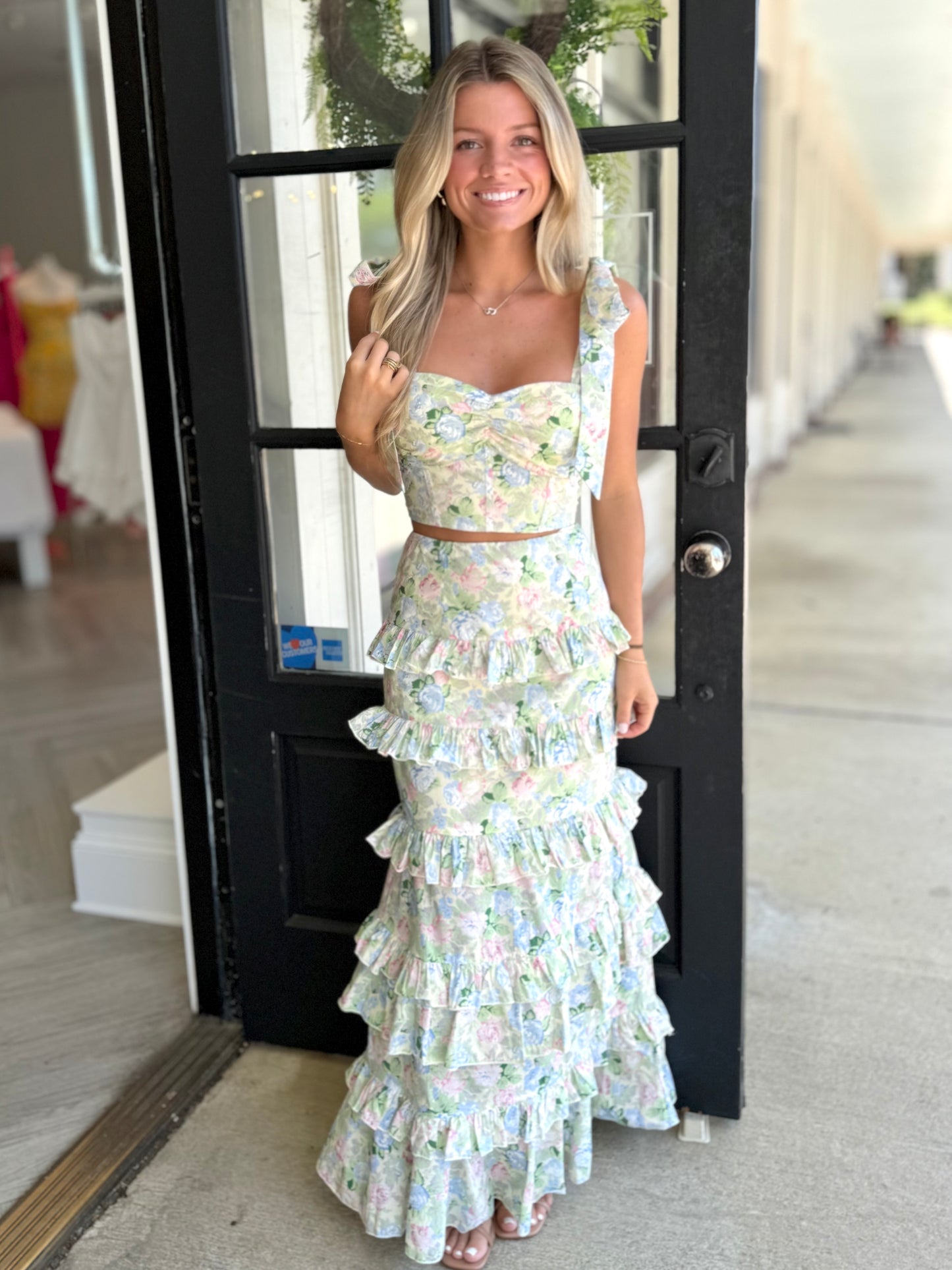 Green Tiered Ruffle Maxi Skirt
